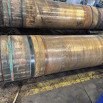 KIMI initial inspection of propulsion shafts showing worn shaft sleeves before removal and dimensional verification.