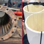 Stern tube bearing as received compared to KIMI precision-machined replacement bearings ready for installation.